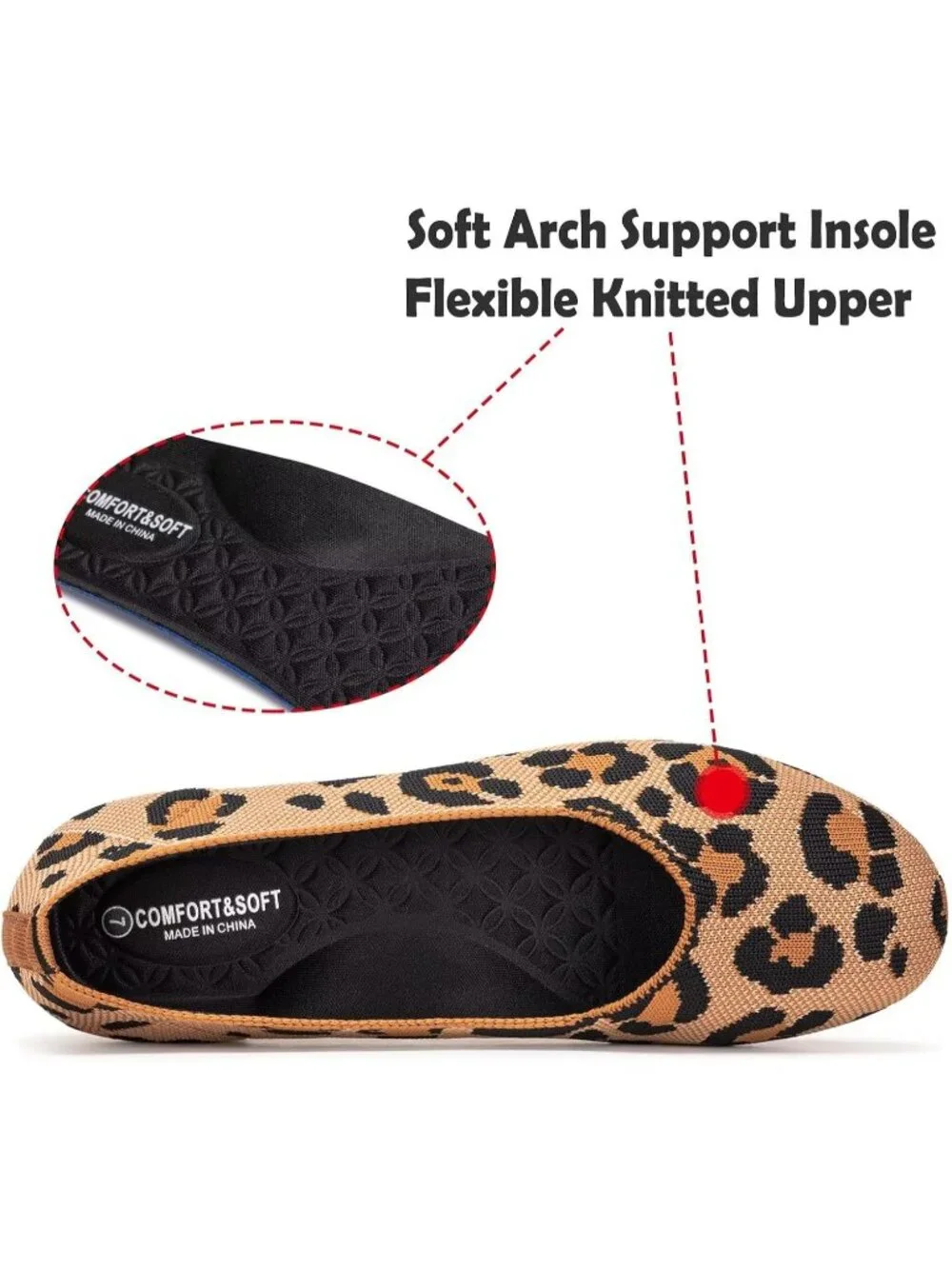Women's Leopard Orange Round Toe Low Wedge Slip On Ballerina Ballet Flat Shoes